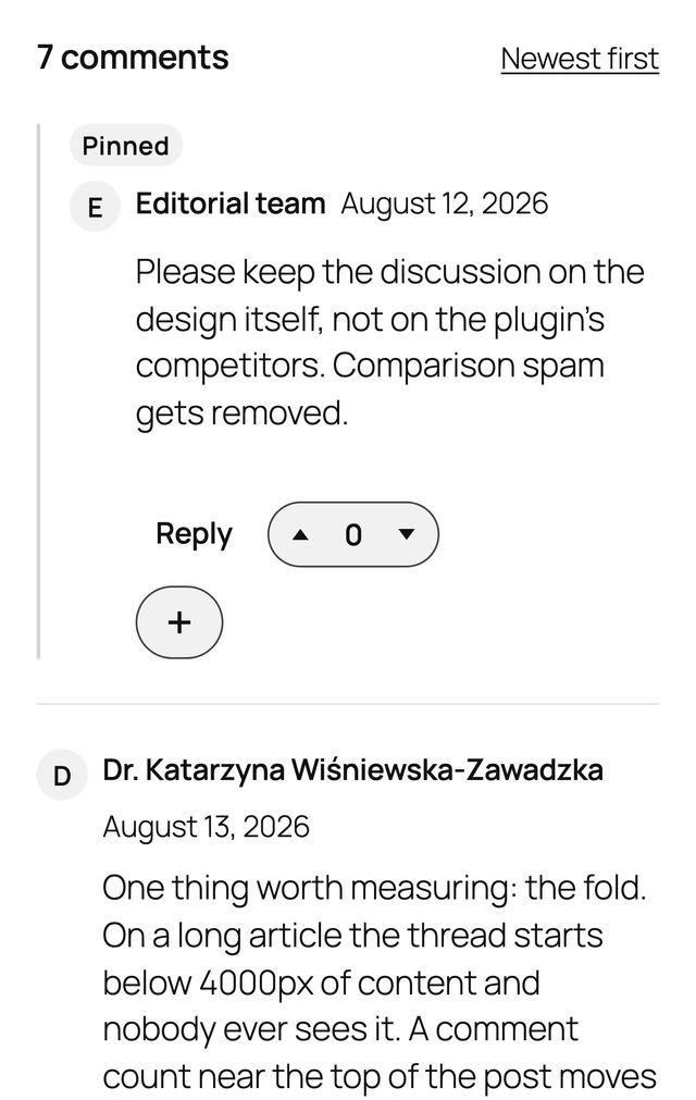 The same thread at phone width, with a narrower avatar gutter and the action row wrapping onto its own line.