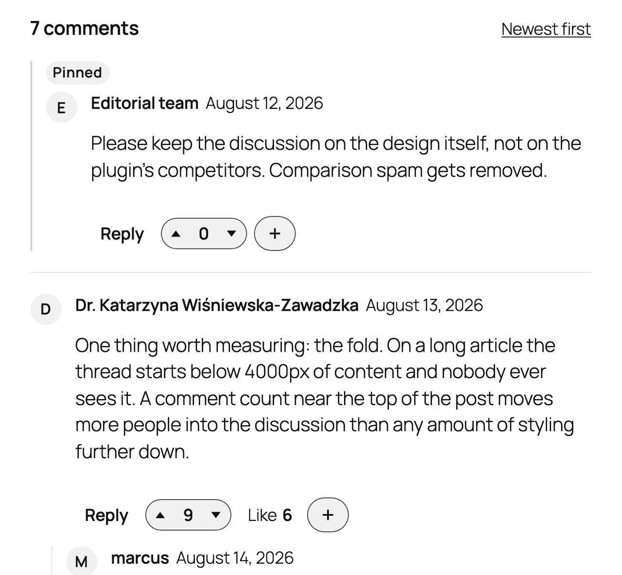 A CommentAura thread on the front end: a pinned comment at the top, replies indented under their parent, and a compact action row of Reply, a vote pill and reaction counts under each comment.