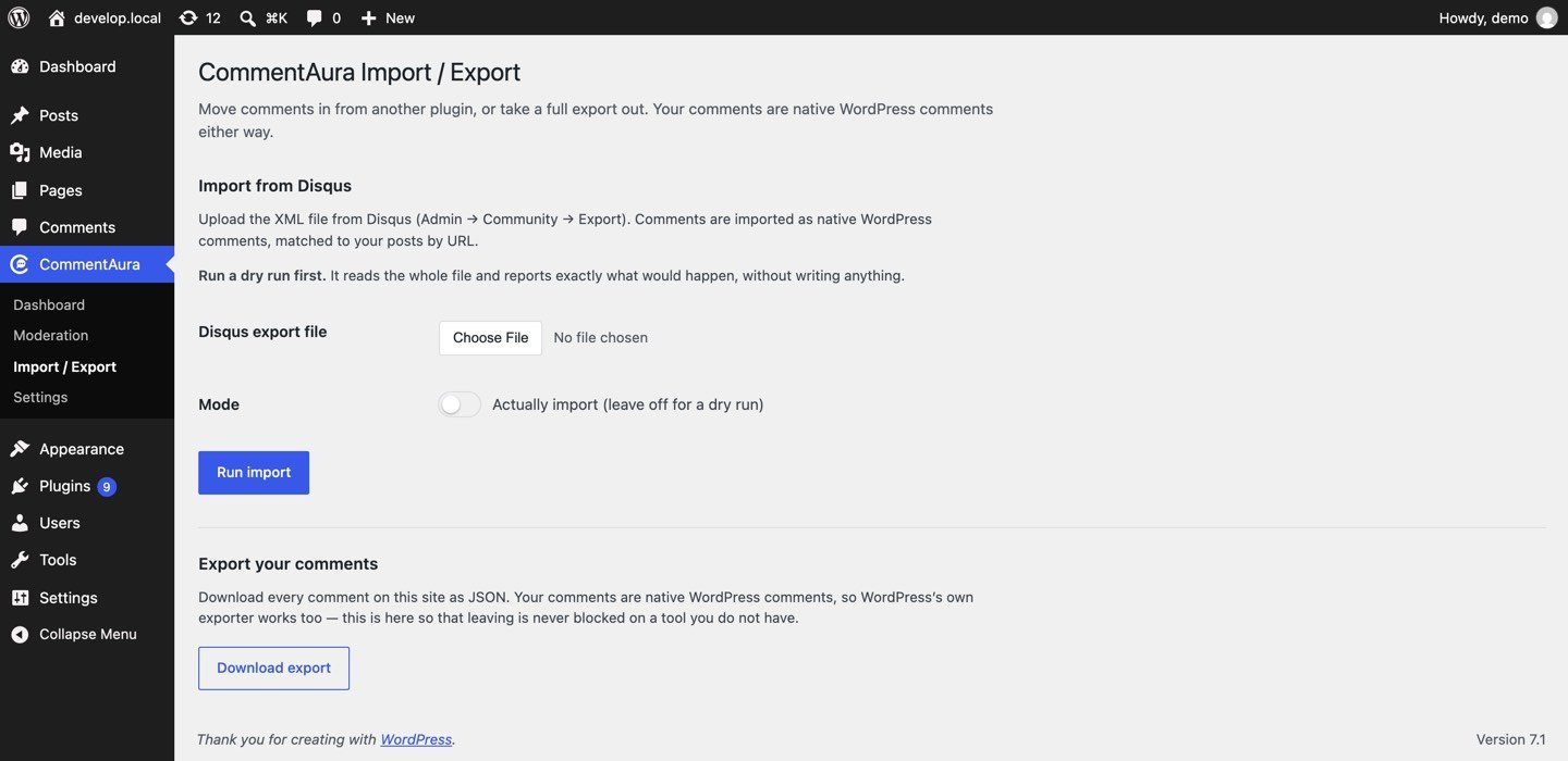 The CommentAura Import / Export screen: a Disqus file picker with a mode toggle that defaults to a dry run, and a Download export button for taking every comment out as JSON.