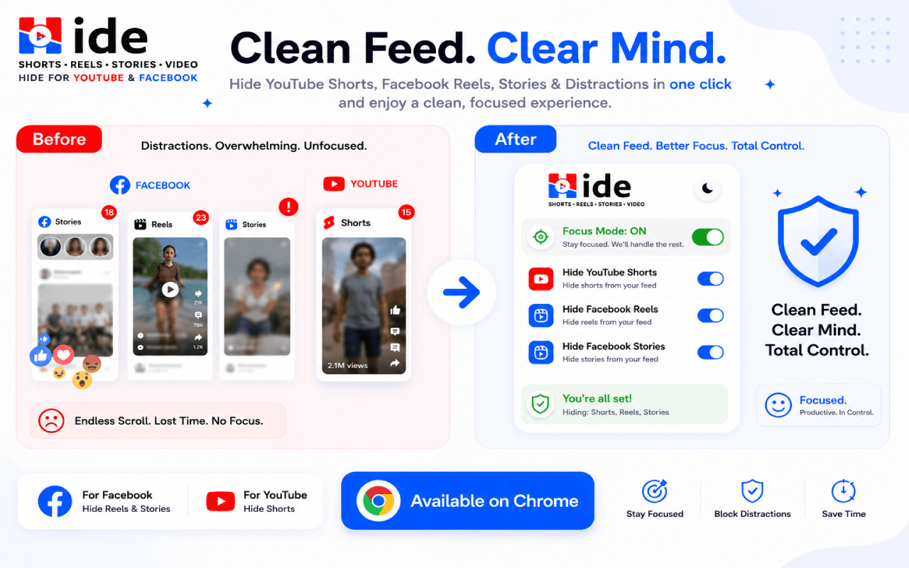 Hide Shorts, Reels and Stories extension interface